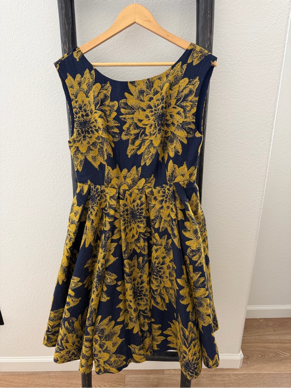 Alice + Olivia Navy and Mustard Floral Fit-and-Flare Dress